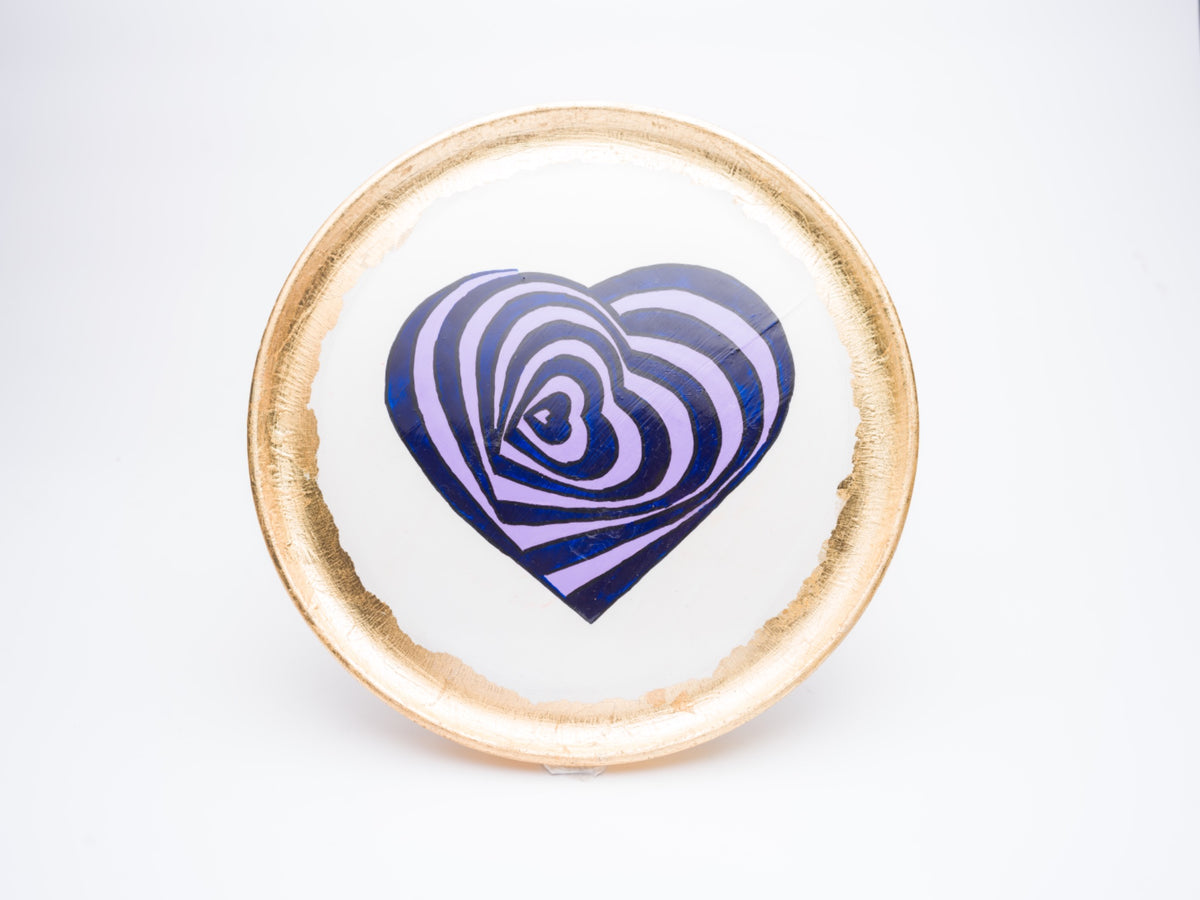 Cobalt Heart Plate — white plate with gold rim and blue striped heart