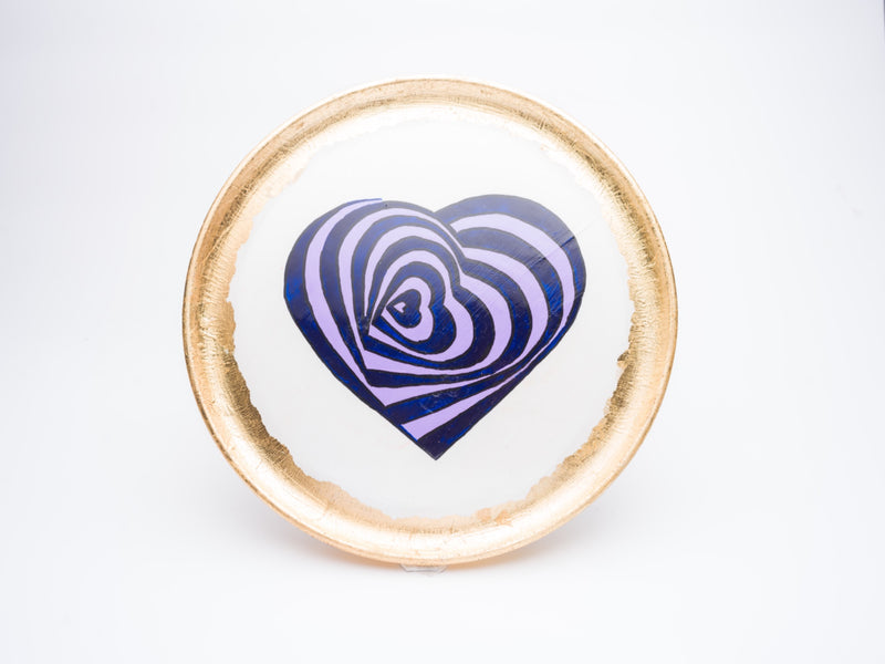 Cobalt Heart Plate — white plate with gold rim and blue striped heart