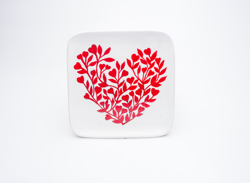 Red Blossom Heart Plate — white square plate with a heart of red leaves and blossoms