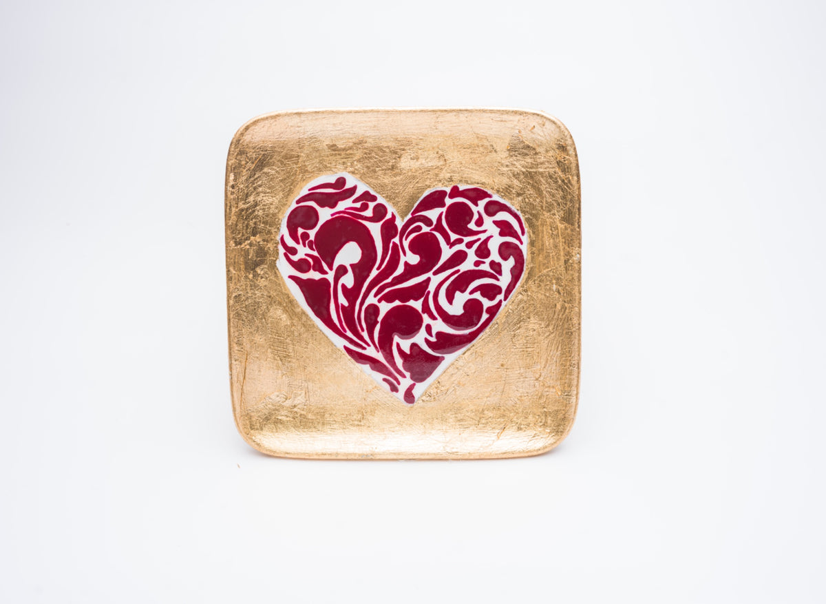 Crimson Heart Plate — gold square plate with a crimson arabesque heart