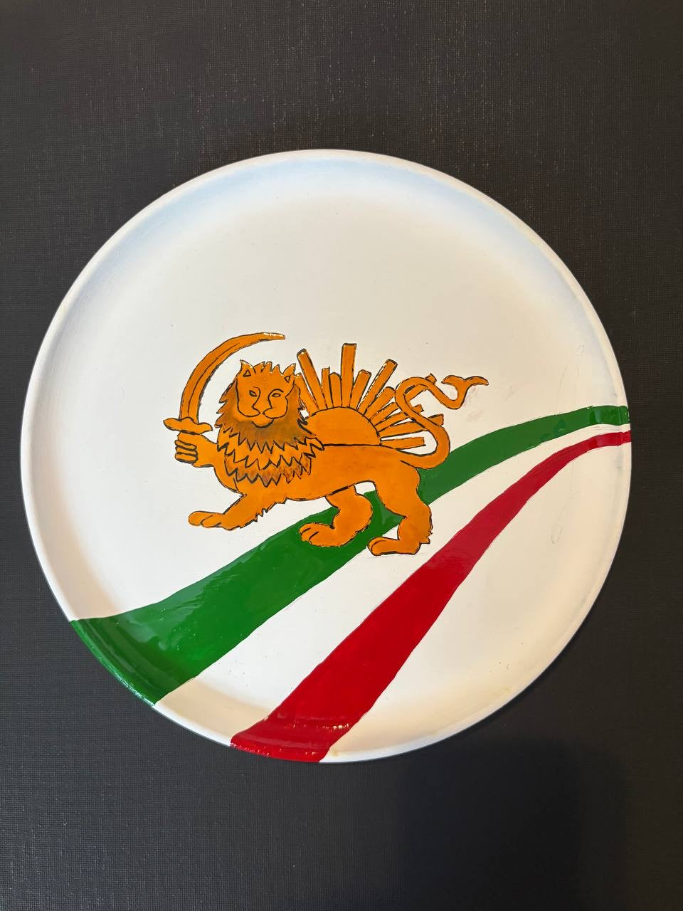 Lion & Sun Plate — white plate with gold lion and sun motif and Iranian tricolor bands