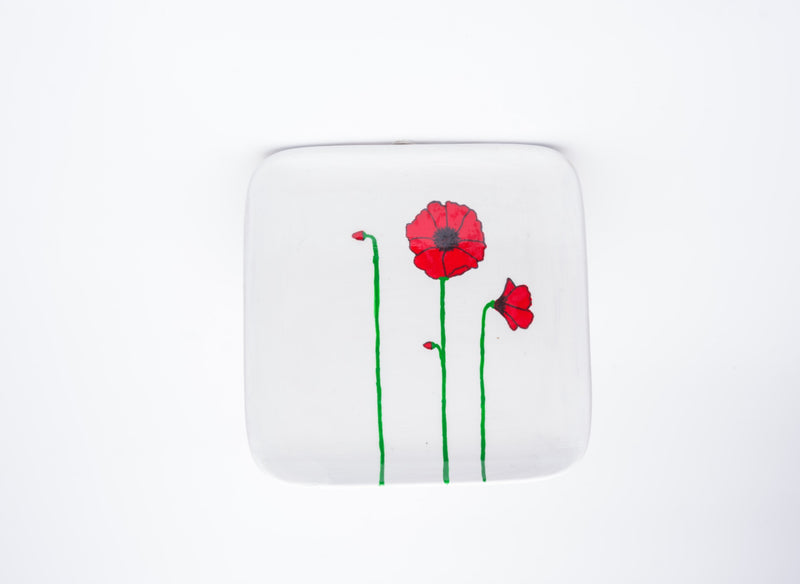 Poppy Plate — white square plate with three red poppies